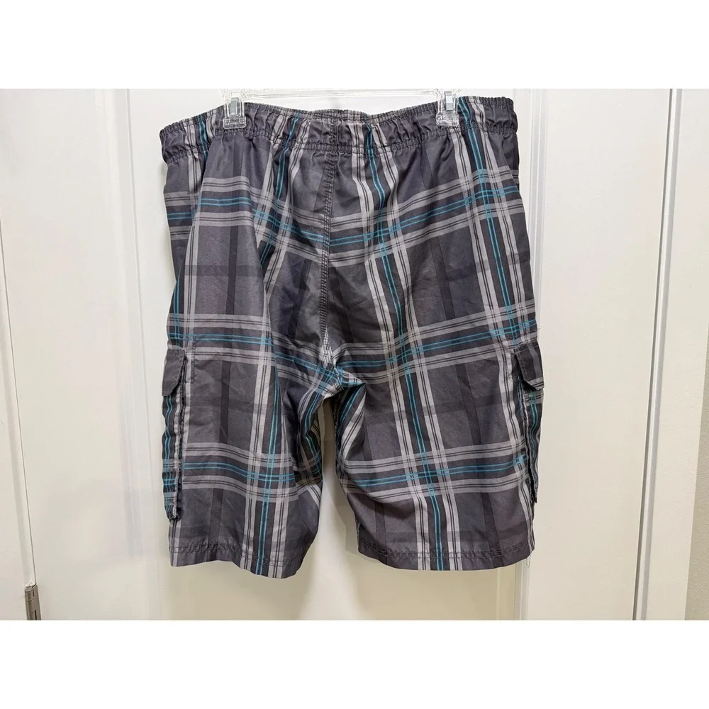Kanu Surf Mens Grey Turquoise Plaid Cargo Board Shorts Swim Trunks Size L